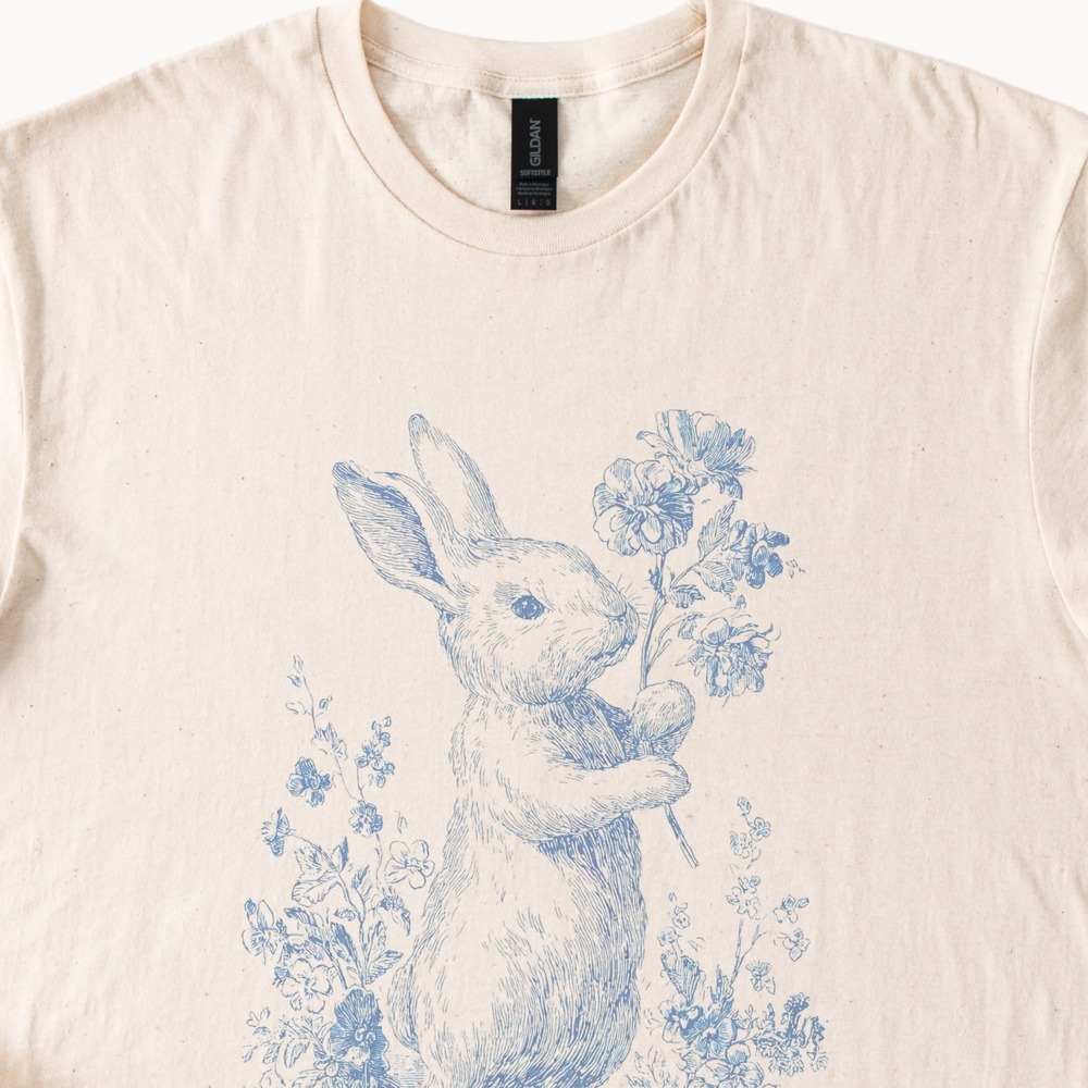 Rabbit Holding Flower Graphic Tee Botanical Line Art